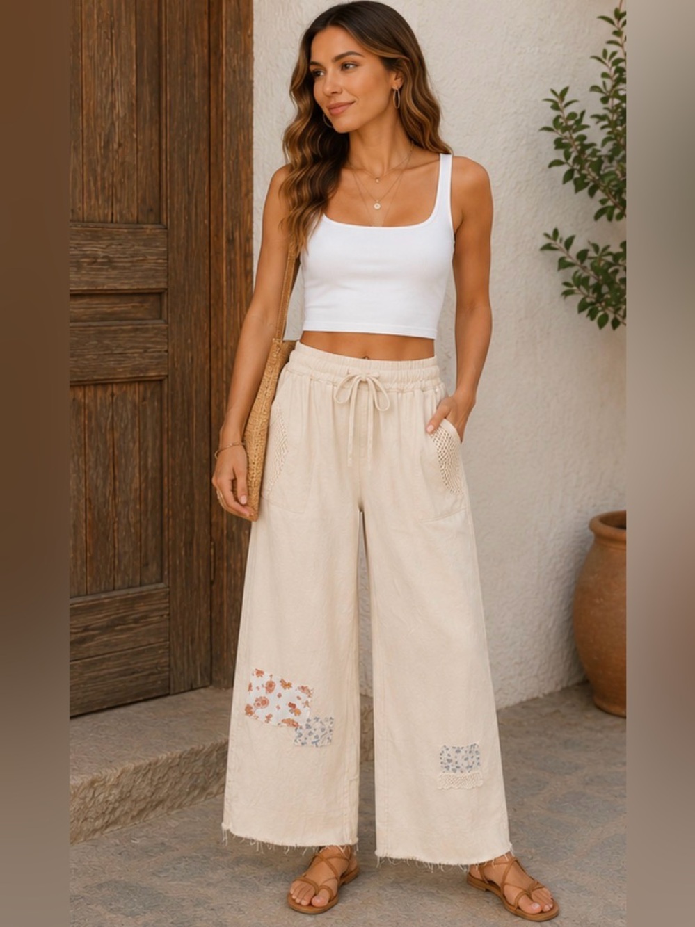 33 POL Patchwork Wide Leg Lounge Pants Cream Boho Drawstring Medium 100% Cotton